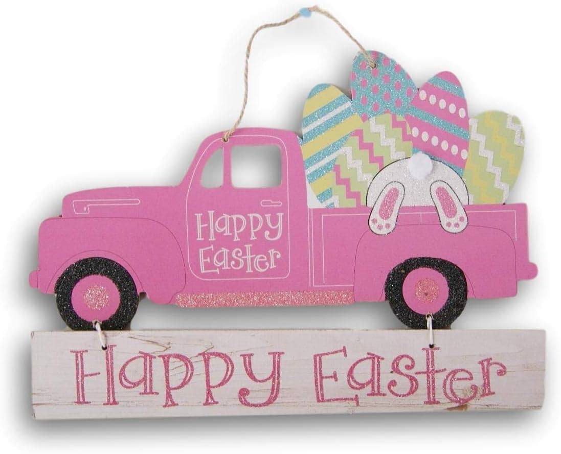 Happy Easter Truck Glittery Decor Sign with Jute Hanger - 13.5 x 9.75 Inches (Pink)