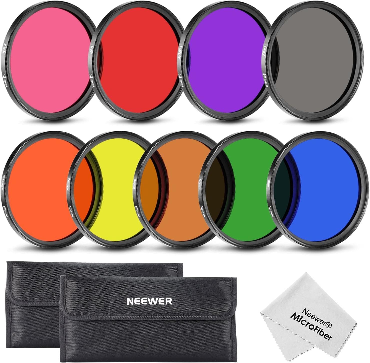 Neewer® 52MM Complete Full Color Lens Filter Set (9pcs) for Camera Lens with 52MM Filter Thread - Includes: Red, Orange, Blue, Yellow, Green, Brown, Purple, Pink and Gray ND Filters + Filter Carry Pounch + Microfiber Lens Cleaning Cloth