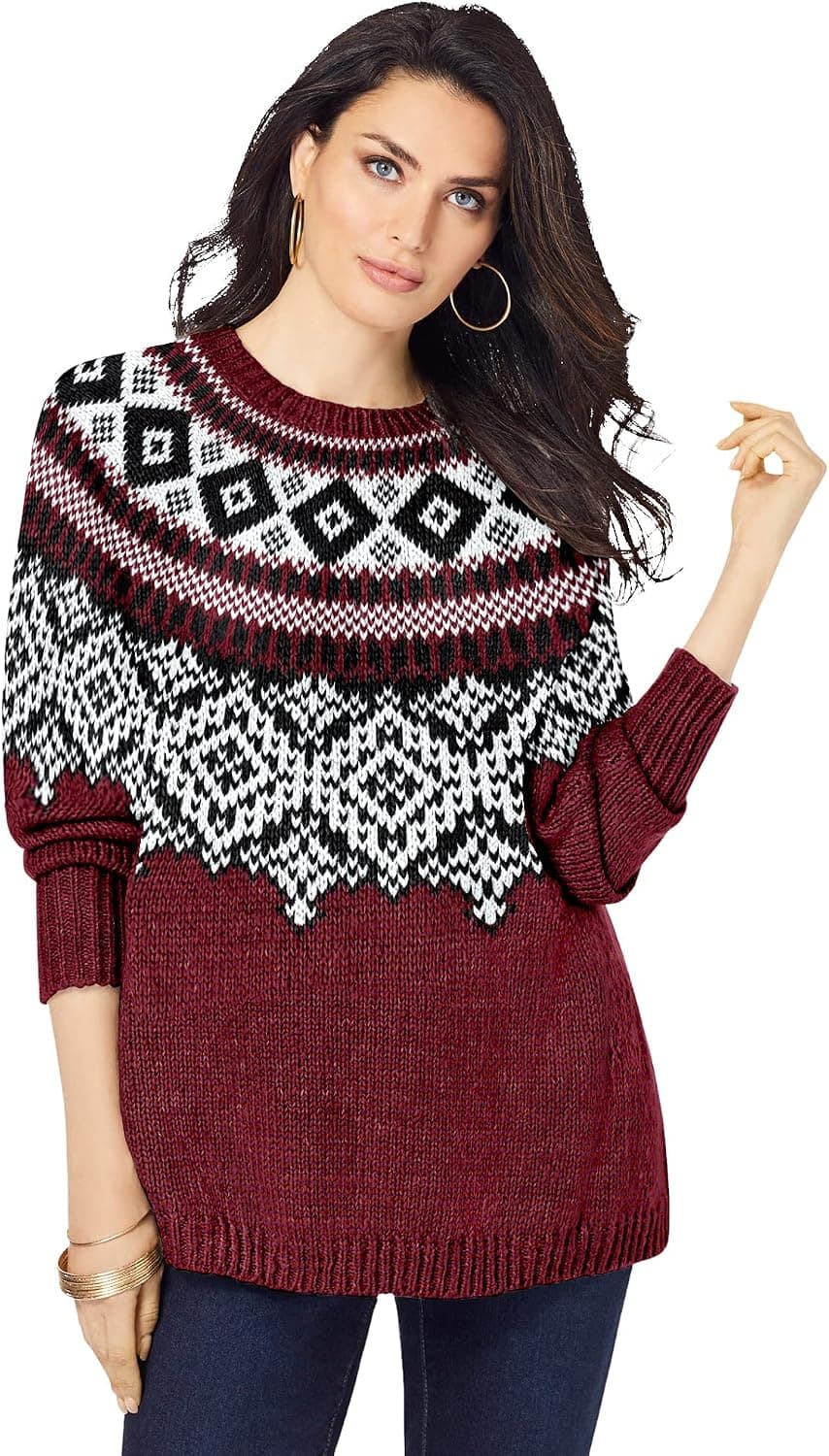 Roamans Women's Plus Size Fair Isle Sweater - 26/28, Rich Burgundy Cozy Fair Isle Multicolored