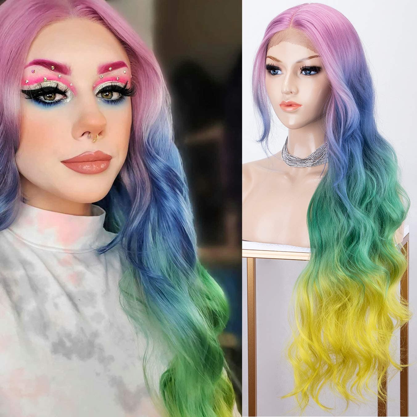 K'ryssma Colorful Lace Front Wigs Deep Middle Part Rainbow Long Wavy Snthetic Wig for Halloween 30 Inches Heat Resistant