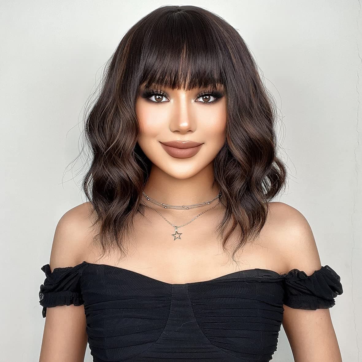 WTHCOS Brown Wig with Bangs Short Brown Wig for Women Black Mix Brown Wig Short Curly Wavy Brown Bob Wig Synthetic Wig for Daily Party Wig Cap Include