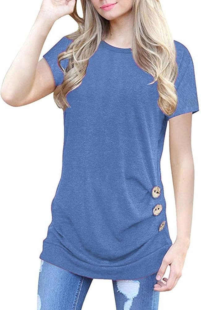 TWGONE Tunic Tops for Women to Wear with Leggings Loose Button Trim Blouse Solid Color Round Neck T-Shirt