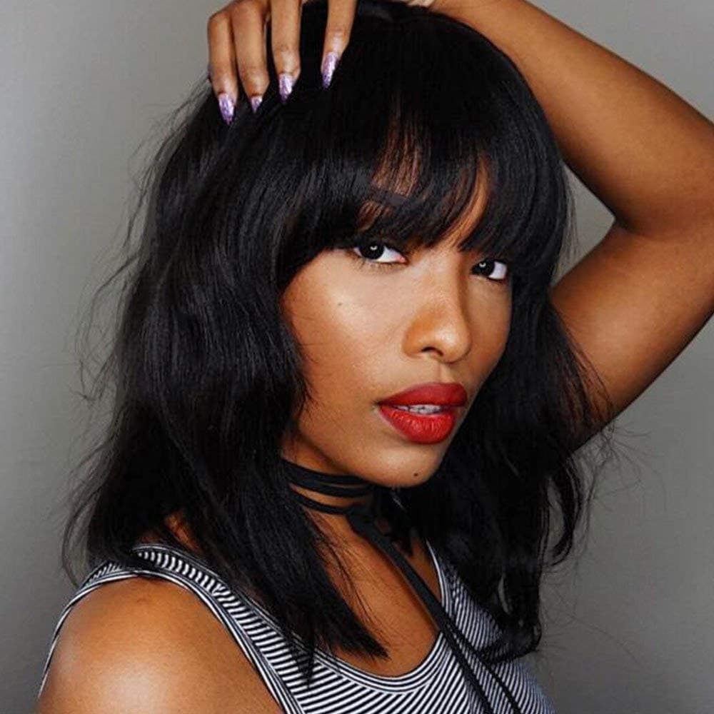 FDBJulyy Black Wavy Wigs with Bangs Women’s Short Black Bob Wig Synthetic Natural Looking Heat Resistant Fiber Hair