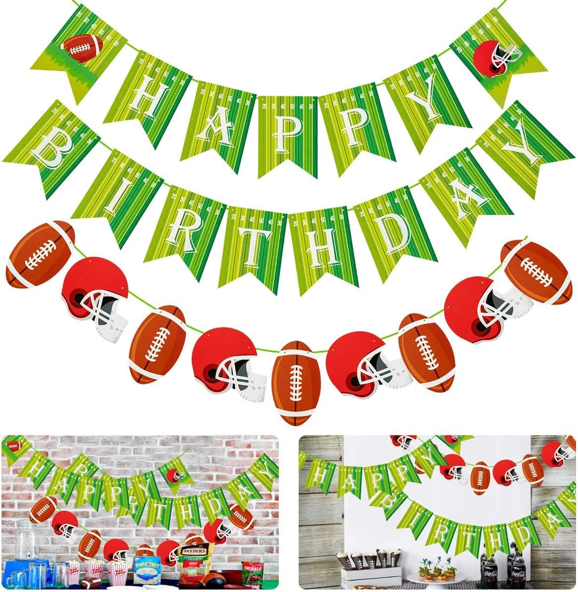Cosweet 2 Pcs Football Themed Happy Birthday Banner- Pre-strung Sports Football Theme Happy Bday Bunting Sign Banners for Football Party Decoration Party Supplies Favors