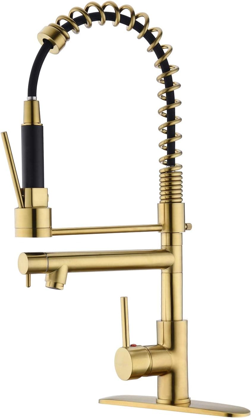 Delle Rosa Kitchen Faucet, Brushed Gold Kitchen Faucet, Brass 360 Swivel High Arch Pre-Rinse Pull Down Commercial Kitchen Faucet, Heavy Duty Kitchen Faucet with Deck Plate