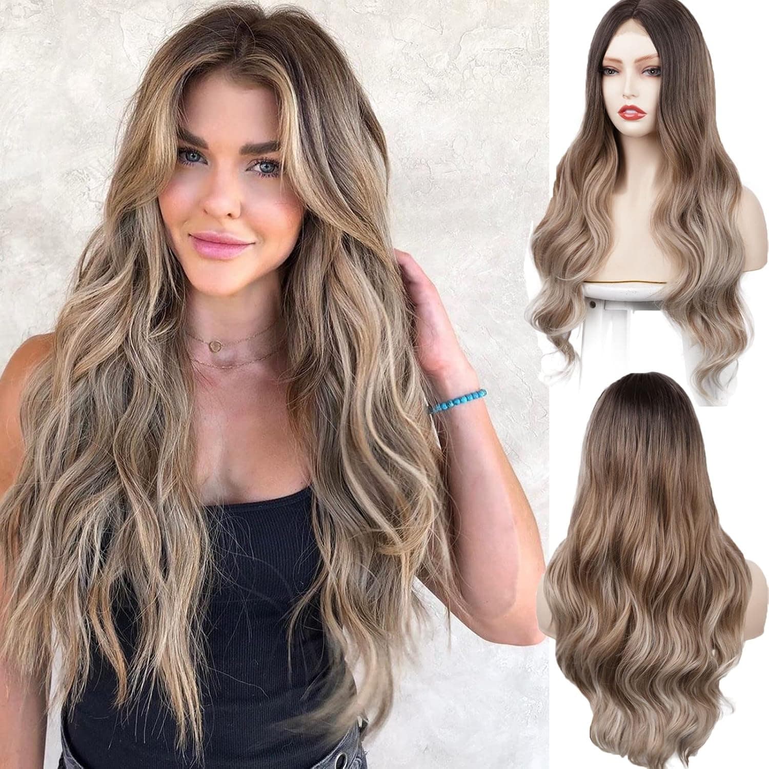 Long Wavy Wigs for Women Aveolela Ombre Brown to Blonde Wig Middle Part Synthetic Wig Heat Resistant Fiber Wigs Hair for Daily Party Use, 26 Inch