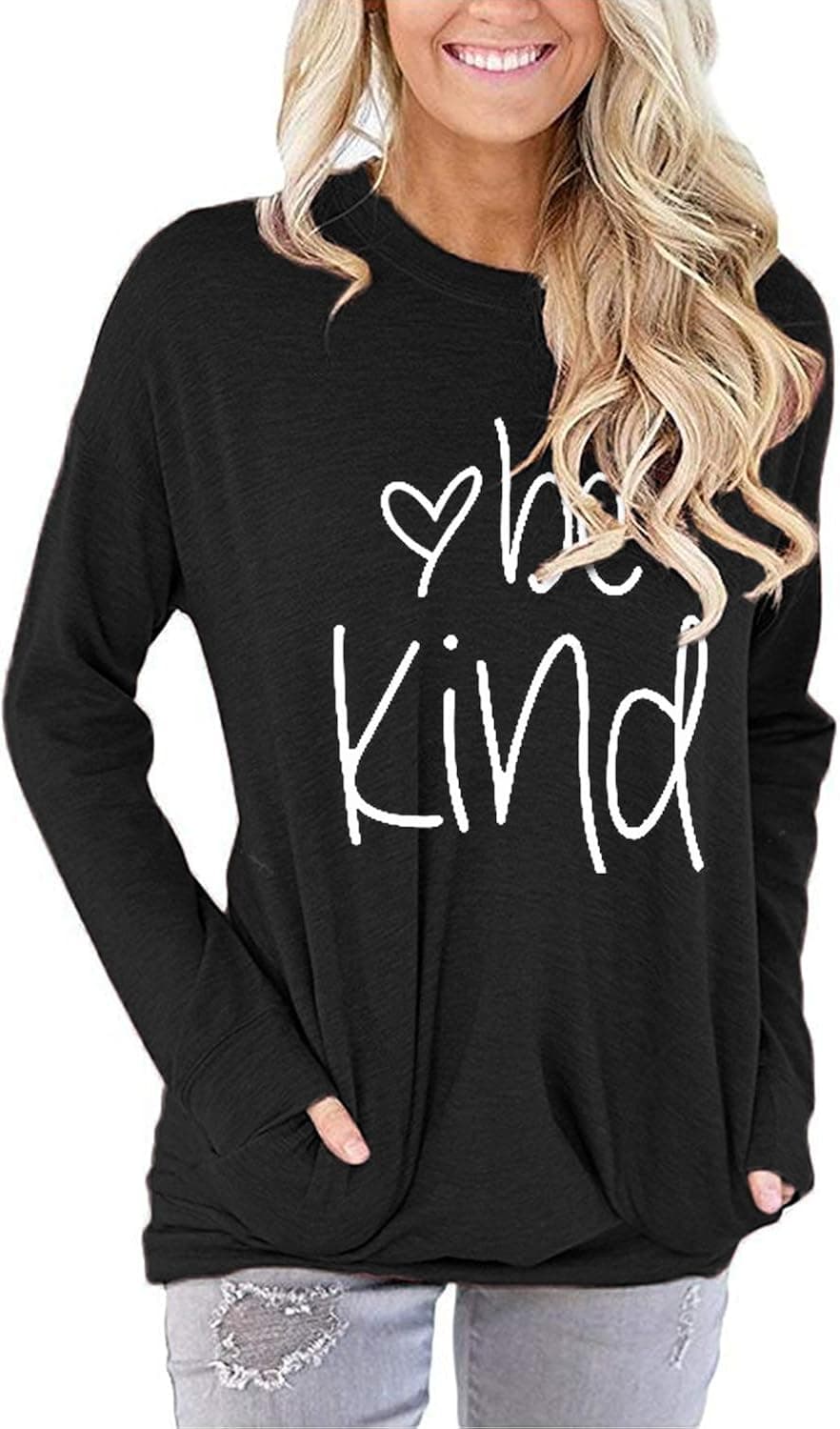 ORITINA Womens Casual Loose Shirts Long Sleeve Be Kind Crew Neck Sweatshirt Comfy Tunic Baggy Black Blouse Tops with Pockets