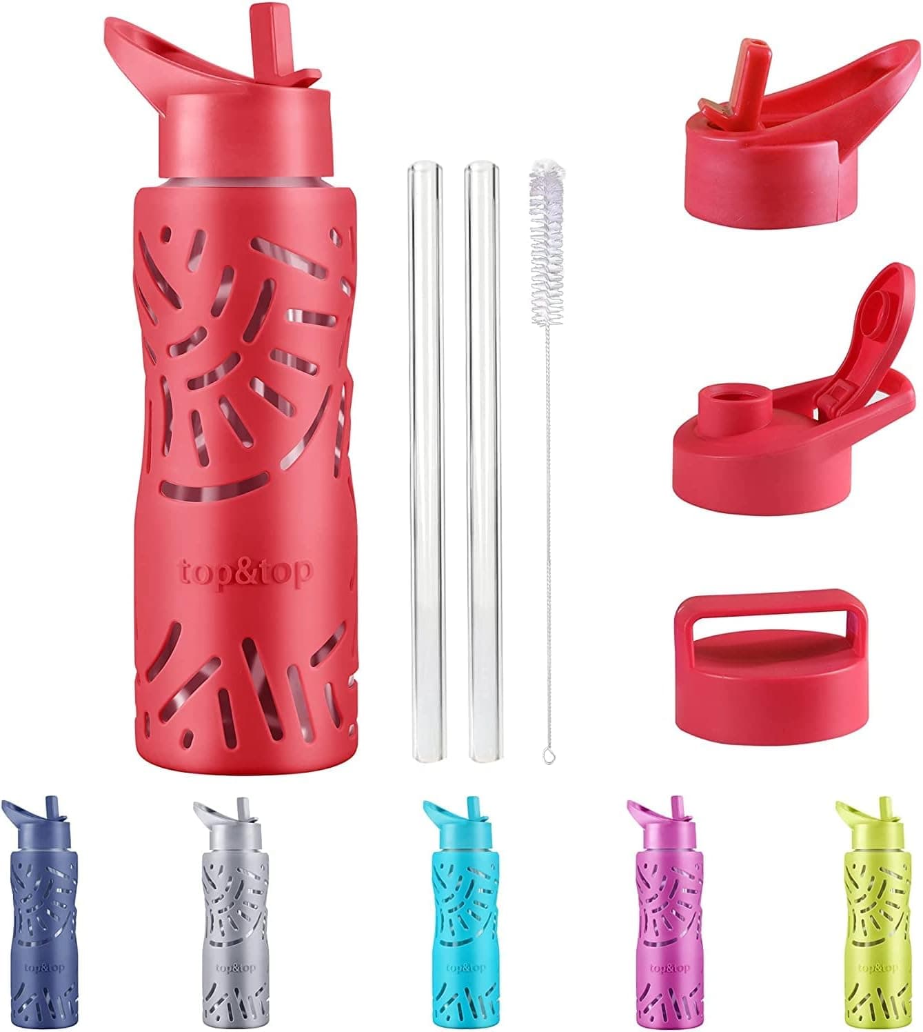 Top&Top 25oz Reusable BPA Free Glass Water Bottles with Non-Slip Silicone Sleeve & Wide Mouth & 3Lids Sports GlassWater Bottles For Outdoor (Red)