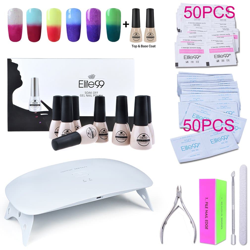 Elite99 Soak Off Temperature Color Changing Gel Nail Polish Kit with Top Base Coat + SUNmini2 Plus UV LED Nail Lamp + Gel Remover Wraps & Cleanser Pads + 4PCS Nail Art Tools Set C004
