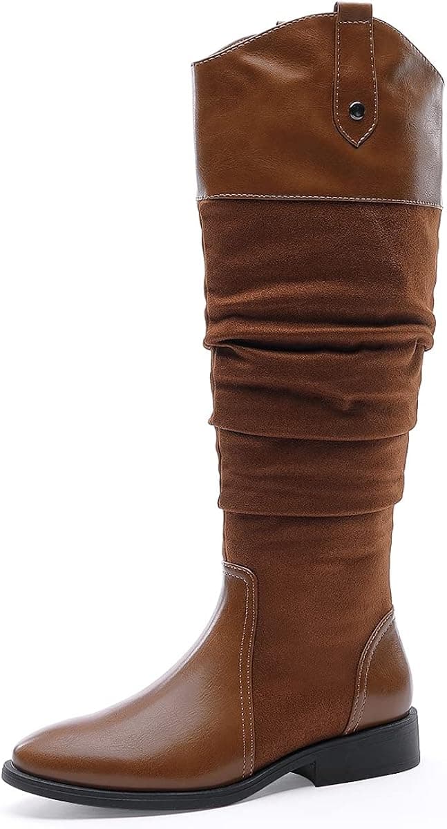 ALLOT Women's Slouchy Low Block Heel Knee High Boot Wide Calf Side Zip Riding Winter Fashion Boots
