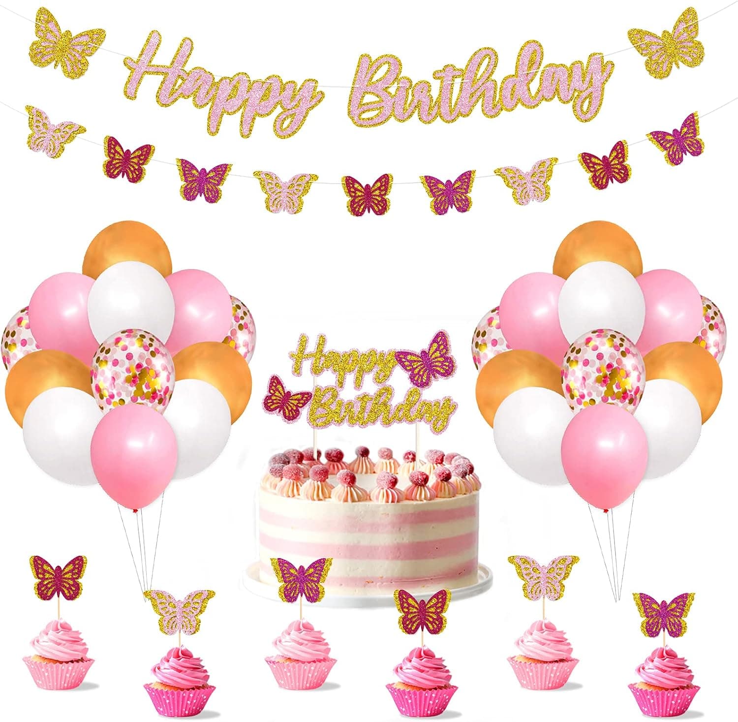 Butterfly Birthday Party Decorations Kit Encanto Party Supplies Glittery Happy Birthday Banner Butterflies Cake Cupcake Toppers Balloons Decor for Girls Disney Princess Pink Purple B-Day Party Ideas