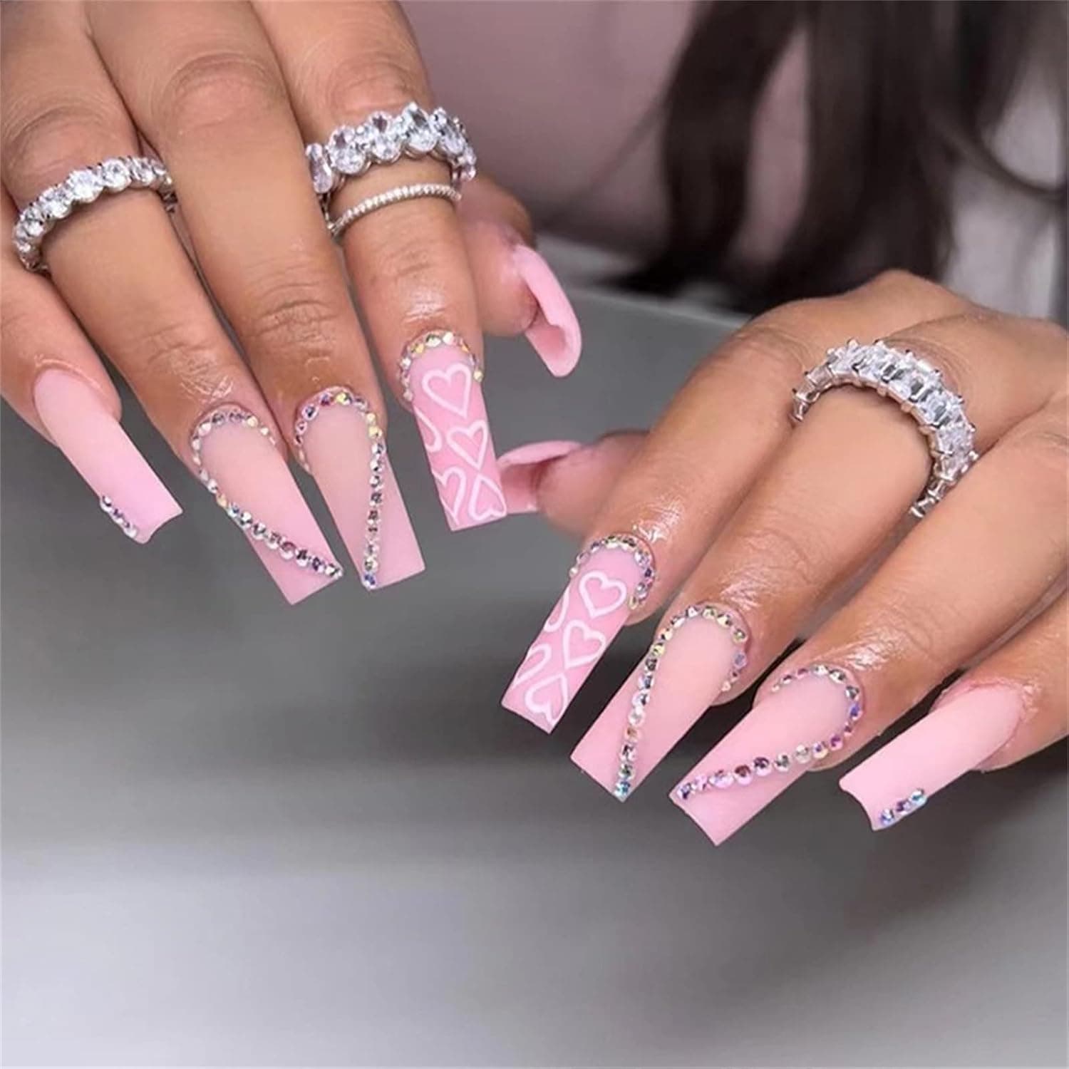 VOTACOS Valentine's Day Press on Nails Medium Coffin Fake Nails Pink False Nails with Heart Glitter Rhinestone Design Matte Full Cover Stick on Nails for Women