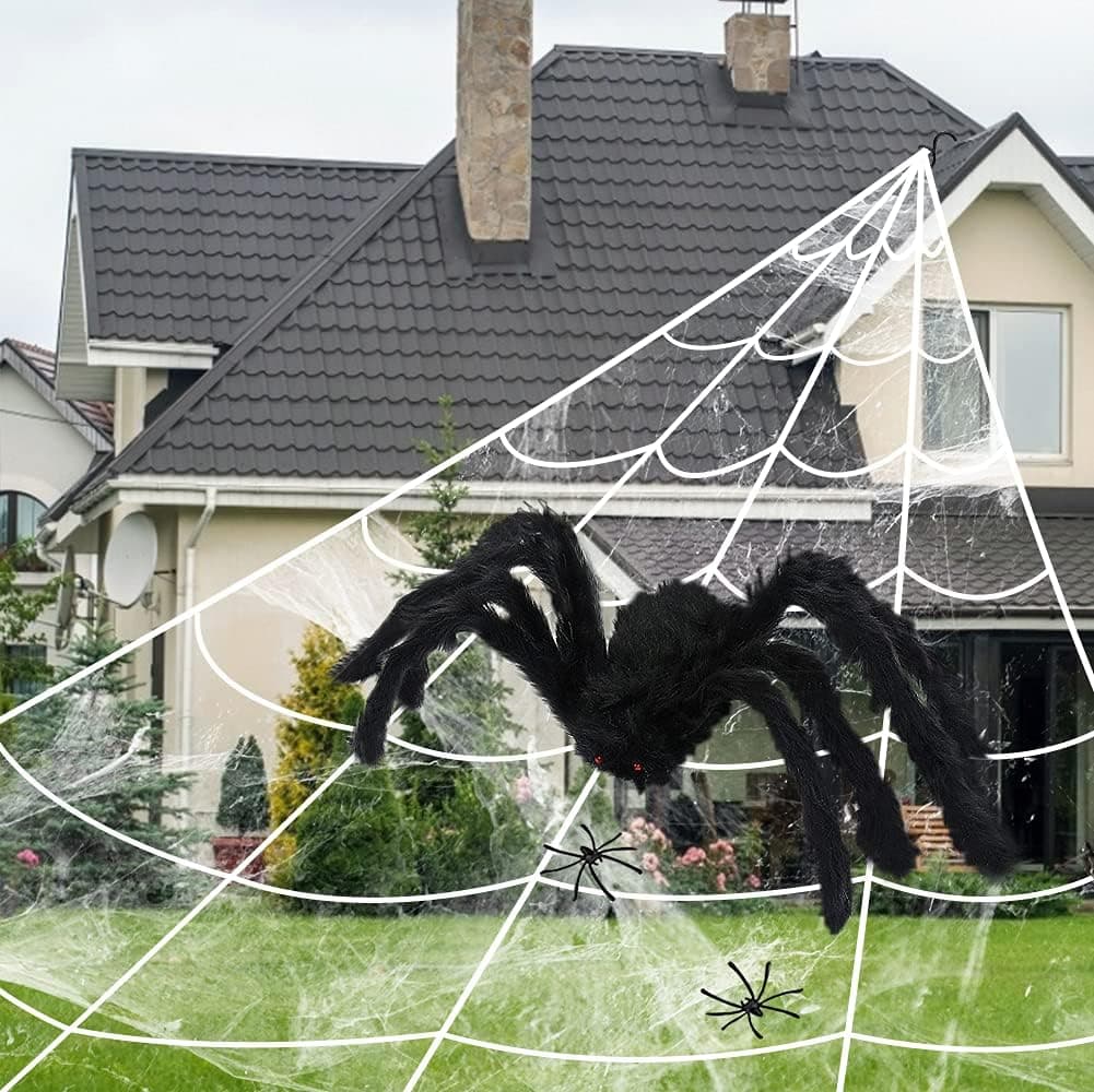 RUBY-Q Spider Webs Halloween Decorations, 200Inch Triangular Huge Spider Web 59Inch Giant Spider Decorations Fake Spider 20g Stretch Cobwebs with 2 Small Spiders for Indoor and Outdoor Party