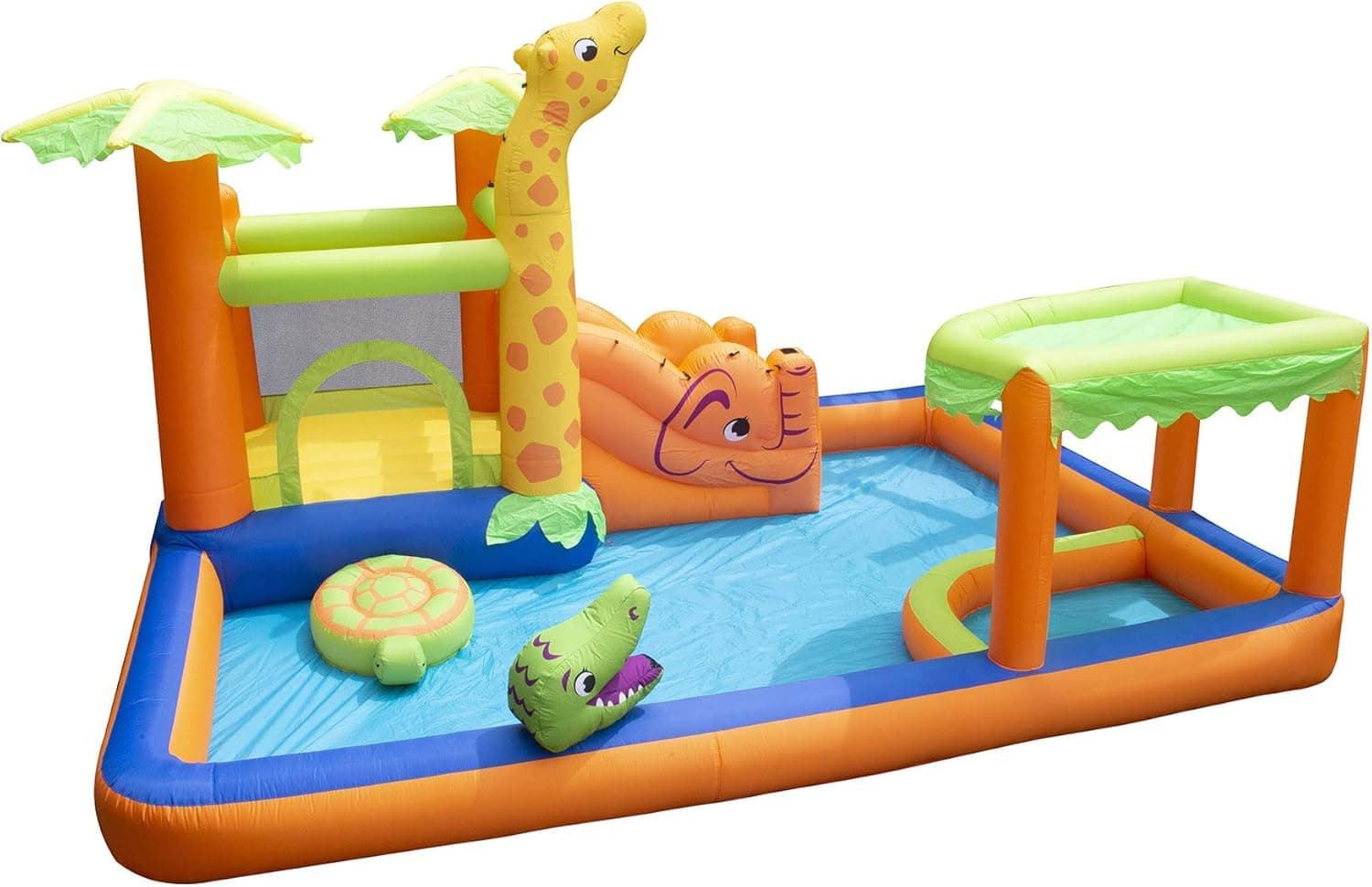 BANZAI Inflatable Safari Splash Water Park, Length: 14 ft, Width: 12 ft 6 in, Height: 7 ft, Inflatable Outdoor Backyard Water Slide Splash Toy