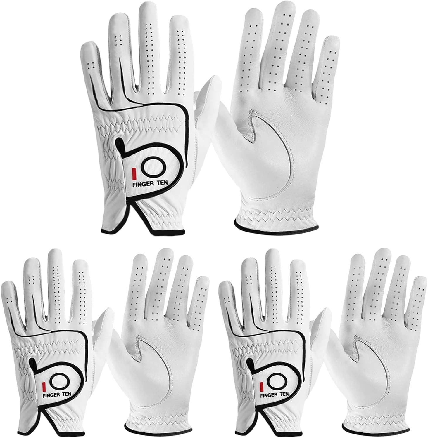 FINGER TEN Mens All Premium Soft Cabretta Leather Tour Fit Grip Left Hand Lh Right Hand Rh with Cadet Size Golf Gloves Value 3 Pack Size from Small to XXL