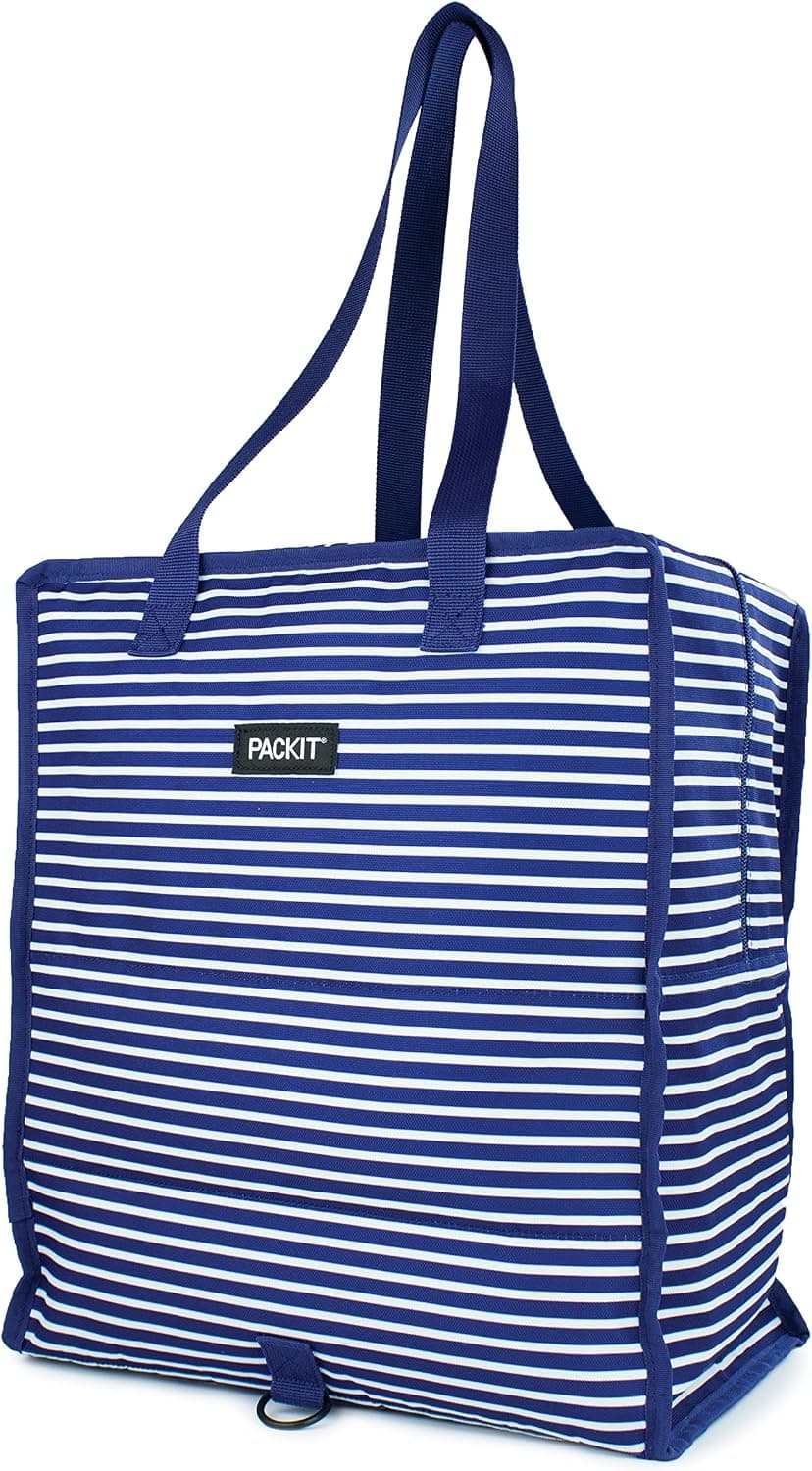PackIt Freezable Grocery Tote Bag with Zip Closure, Thin Stripe