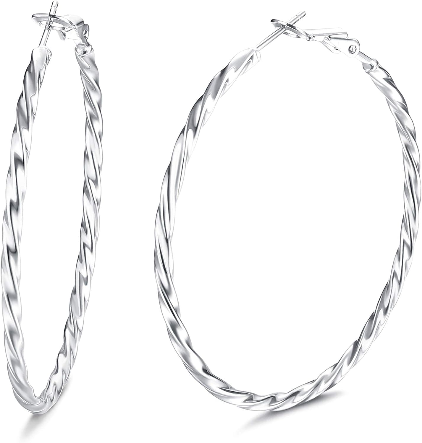 Milacolato 925 Sterling Silver Hoop Earrings 18K White Gold Plated High Polished Twist Round Hoop Earrings for Women with Gift Box, 50MM