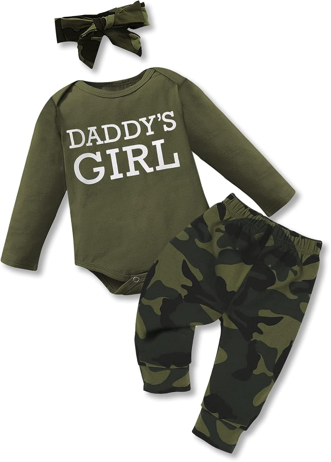 AMAWMW Newborn Infant Baby Girl Clothes Daddys Girl Camo Outfit Long Sleeve Romper Camouflage Pant Toddler Baby Girl Clothes (Daddys Girl Long Sleeve, 3-6 Months)