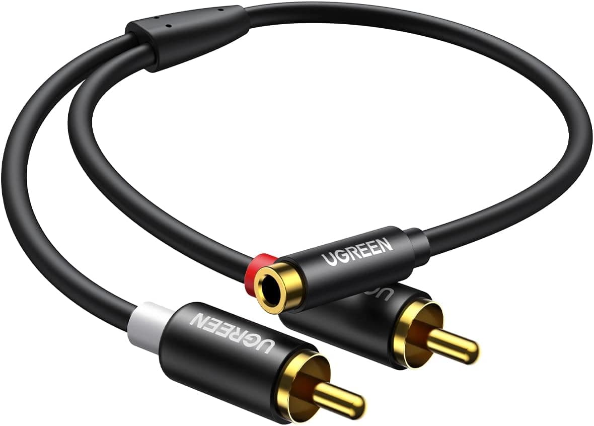 UGREEN 3.5mm Female to 2RCA Male Stereo Audio Cable Gold Plated RCA to Aux Female Adapter Hi-Fi Sound Auxiliary RCA Cord Compatible with Smartphone Speakers Tablet HDTV MP3 TV Mixer Amplifier, 0.8FT