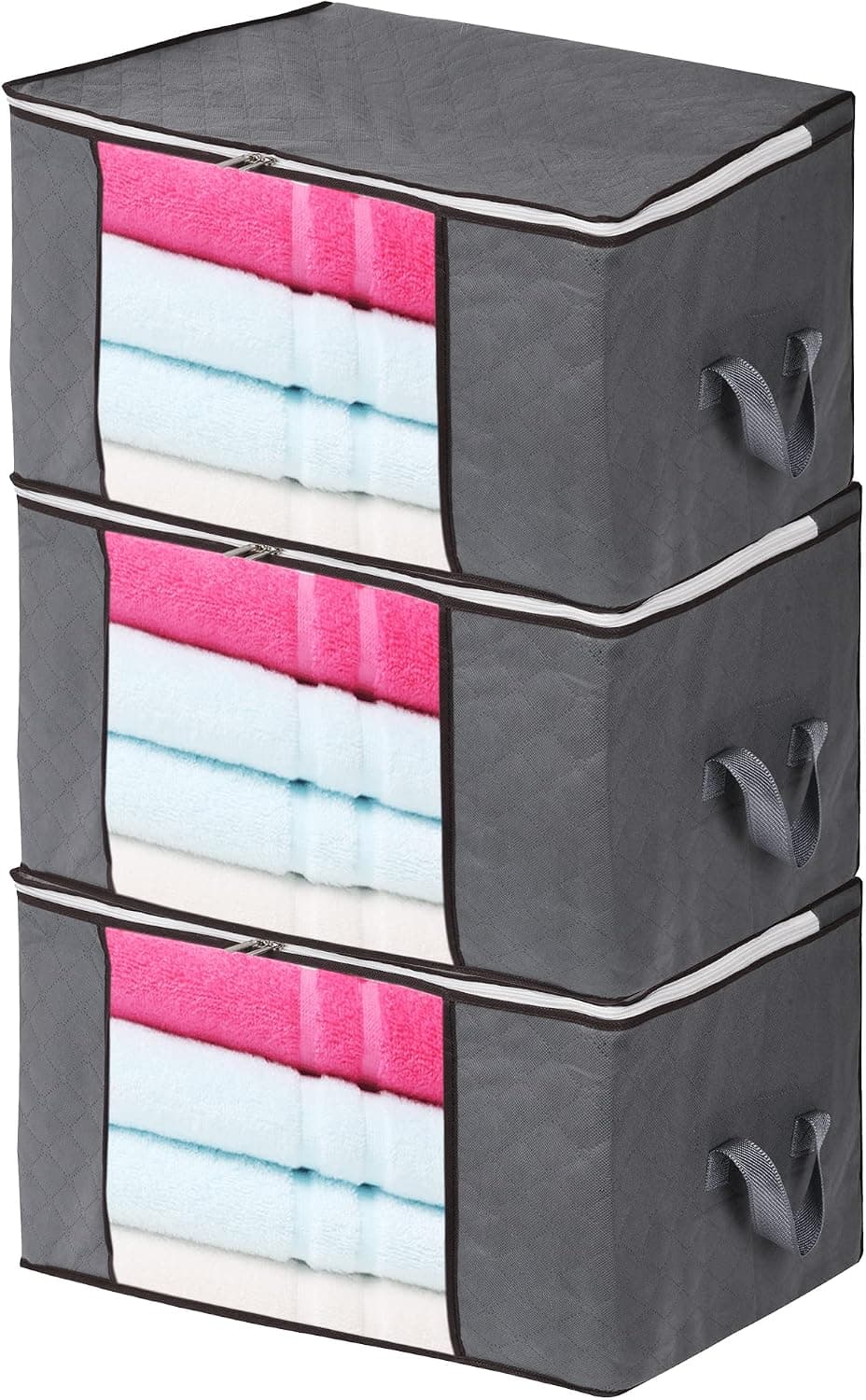losensild 90L Large Storage Bags Large Capacity Clothes Storage Bags Foldable Closet Organizer Under Bed Storage Bags with Reinforced Handle and Clear Window for Organizing Bedroom, Closet, Clothing, Comforter 90L Grey (L-24 x 16 x 13)