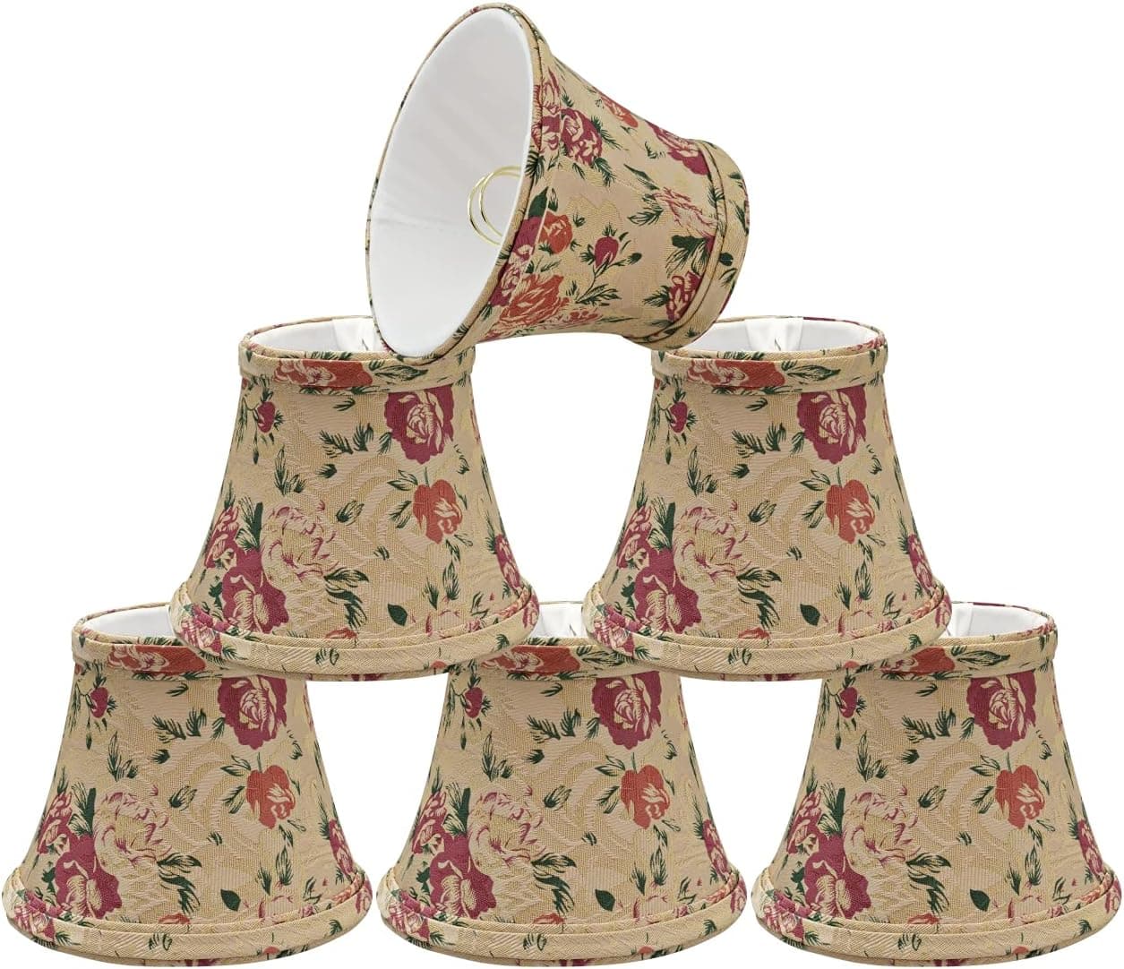 Aspen Creative 30005-6A Small Bell Shape Chandelier Clip-On Lamp Shade Set (6 Pack), Transitional Design in Floral Print, 5" bottom width (3" x 5" x 4")