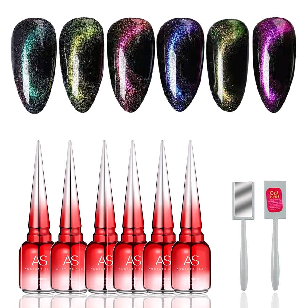 Huapan Cat Eye Nail Polish Set, 3D Magnetic Glitter Star Soak Off Glue 15ml 6 Colors