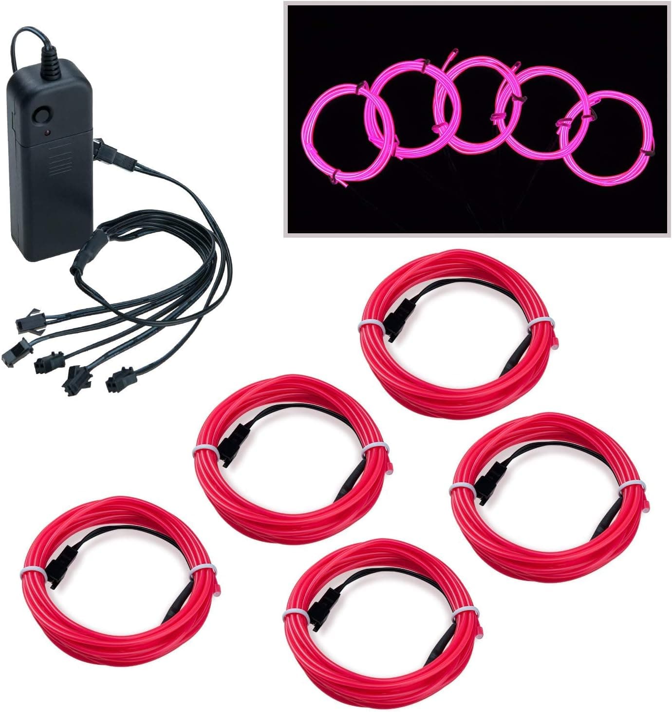COVVY EL Wire Neon Lights Kit with Portable AA Battery Pack for Burning Man’s Day Halloween Christmas Party Decoration 5*1 Meter Glowing Strobing Flashing Electroluminescent Wire (Pink)