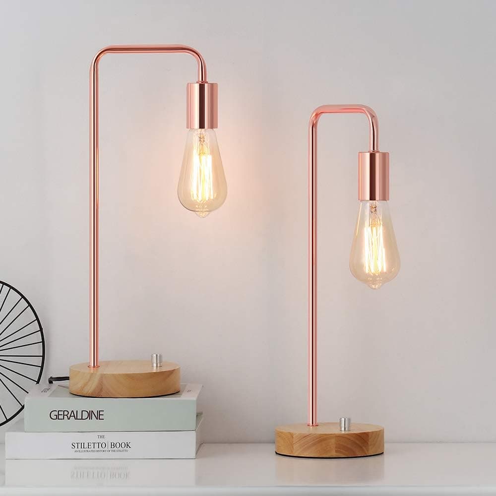 Edison Table Lamp, Industrial Nightstand Lamps, Rose Gold Desk Lamp with Wood Base Suit for Bedside Dressers Coffee Table in Bedroom, Guest Room, Set of 2