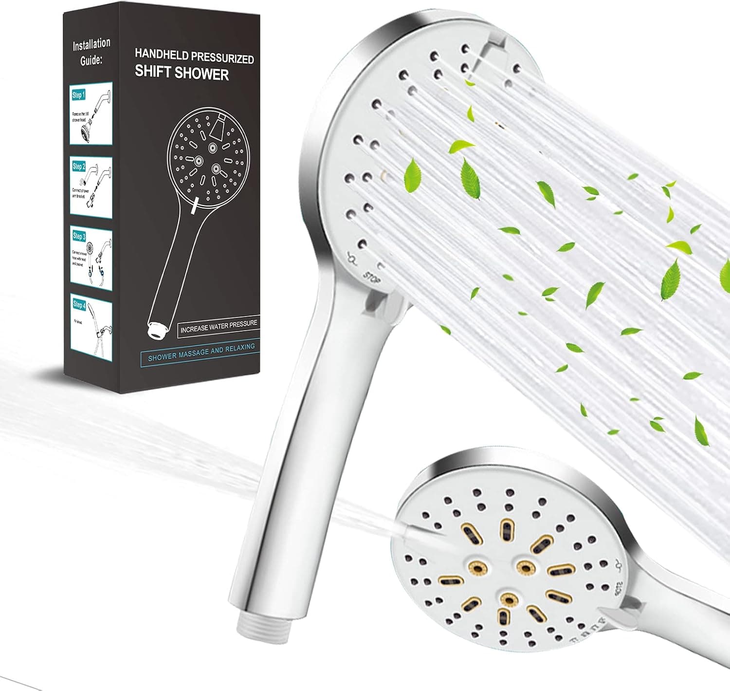 Power Shower Head High Pressure, Shower Head Rainfall with Handheld Spray for Bathroom RV, 6 Setting Detachable Pressure Increasing Strong Jet with 59" Hose