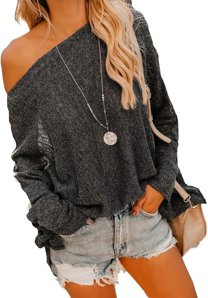 Ofenbuy Womens Oversized Tops Off The Shoulder Lightweight Sheer Pullover Knit Tunic Tops