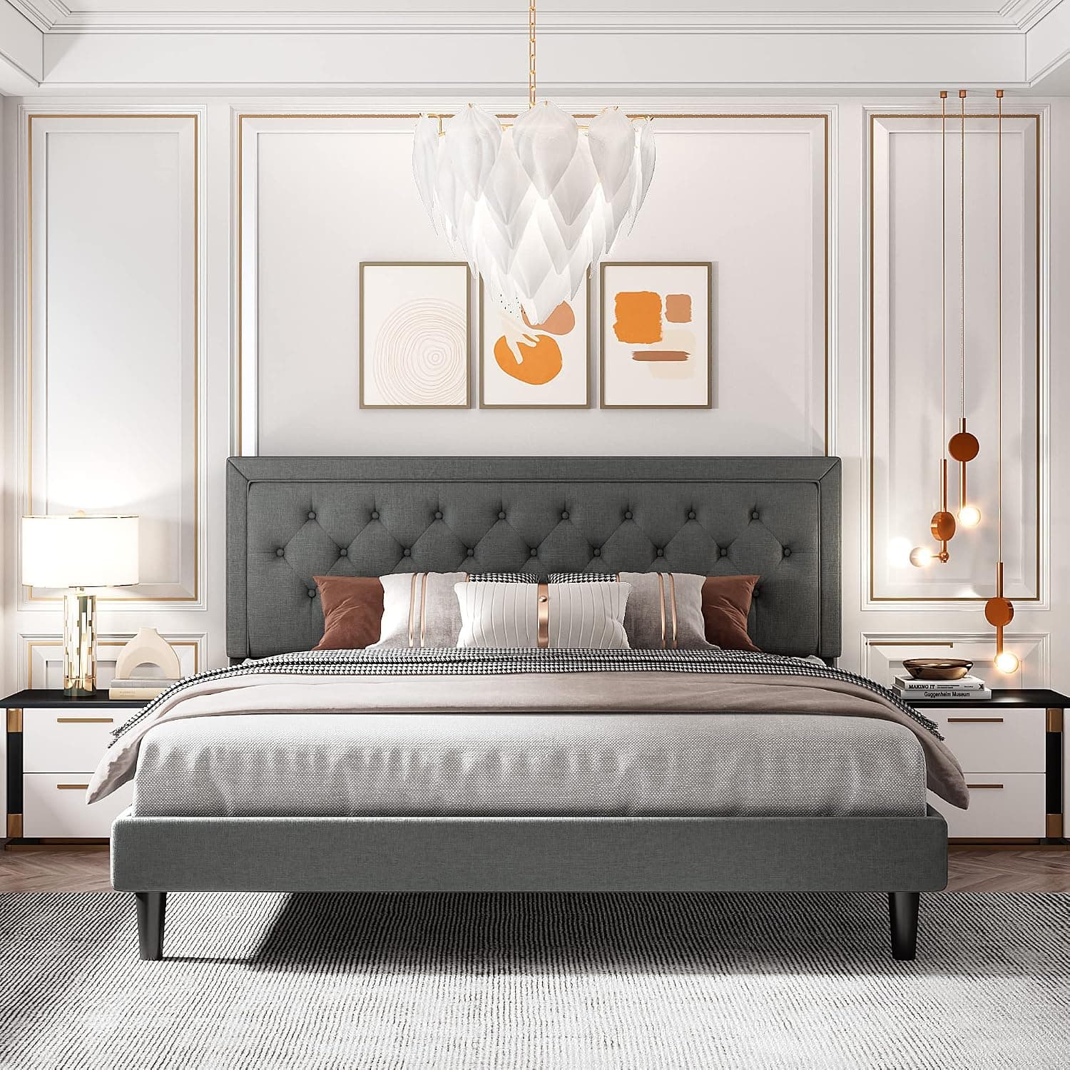 Einfach King Size Modern Deluxe Platform Bed Frame Button Tufted Fabric Upholstered Bed Frame with Adjustable Headboard/Strong Wood Slats Support/Mattress Foundation/Easy Assembly, Dark Grey