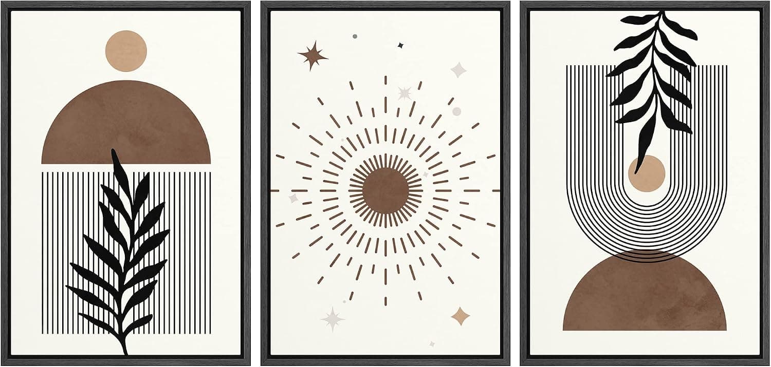 wall26 Framed Canvas Print Wall Art Set Boho Mid-Century Retro Geometric Palm Leaf Polygons Nature Abstract Illustrations Modern Art Landscape for Living Room, Bedroom, Office - 24"x36"x3 Black
