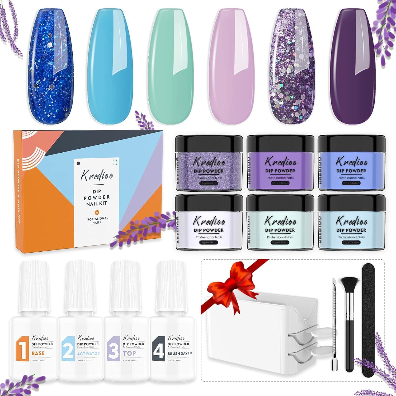 Dip Powder Nail Kit, Kredioo 6 Colors PURPLE Collections Starter Kit 4 Liquid and French Dipping Tray, No Lamp Needed Quick Drying for Home Starters Manicure-Starry Night