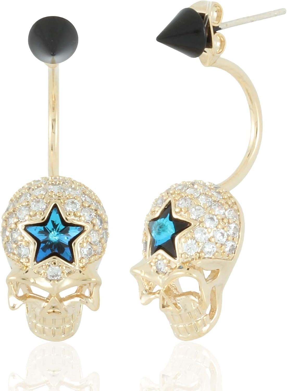 Gold Tone Punk Rock Sugar Skull Skeletons Earrings with Star Swarovski Crystal by Lovey Lovey (Blue)