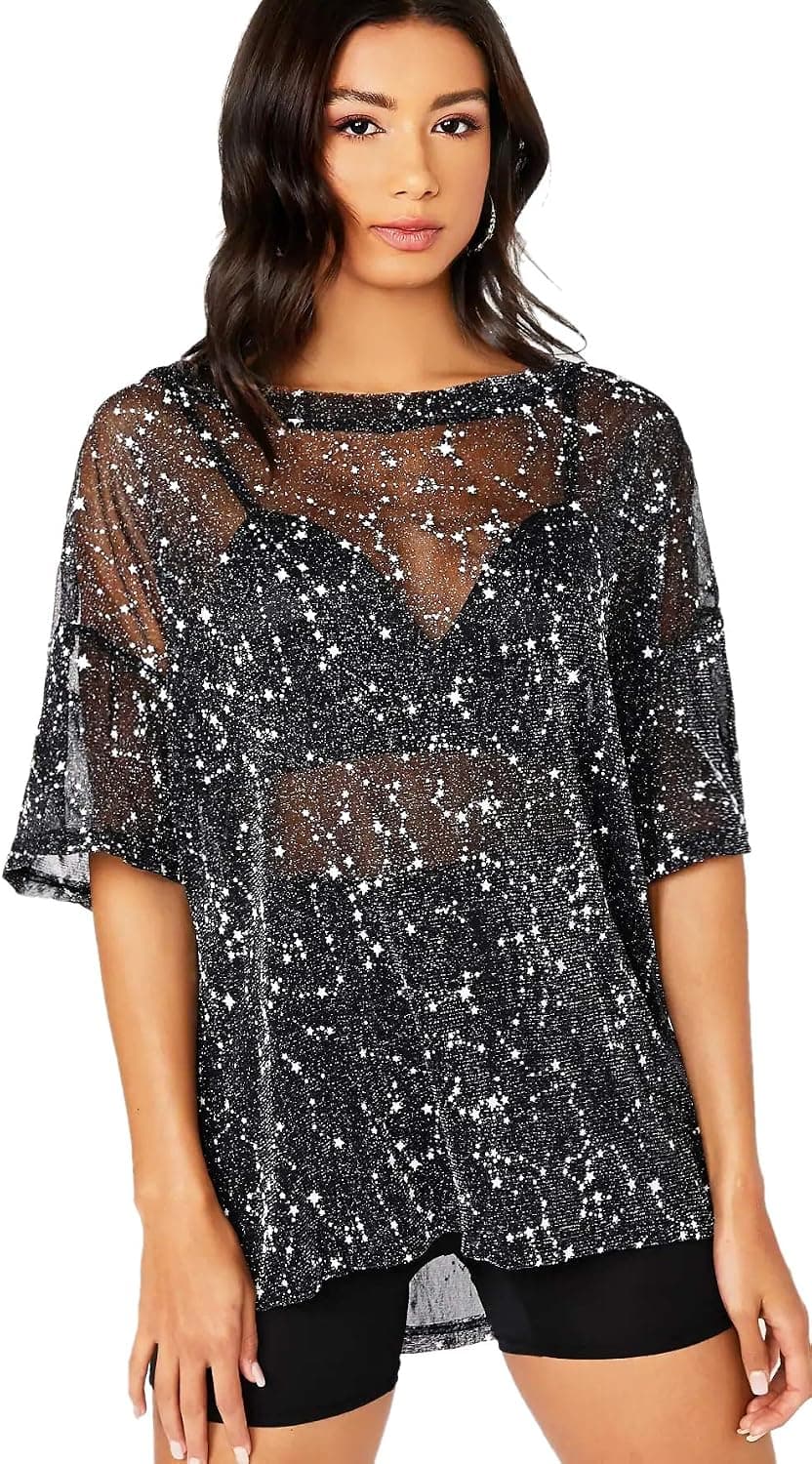 SweatyRocks Women's Short Sleeve Sheer Mesh Tops Loose See Through Tee Blouse Clubwear Black L