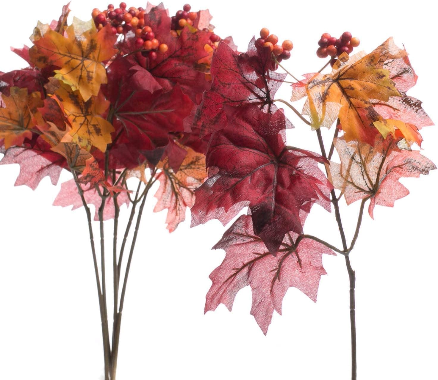 Factory Direct Craft Fall Artificial Silk Maple Leaf Picks with Autumn Color Berry Cluster Accents - |12 Picks for Halloween, Autumn, and Thanksgiving Decorations