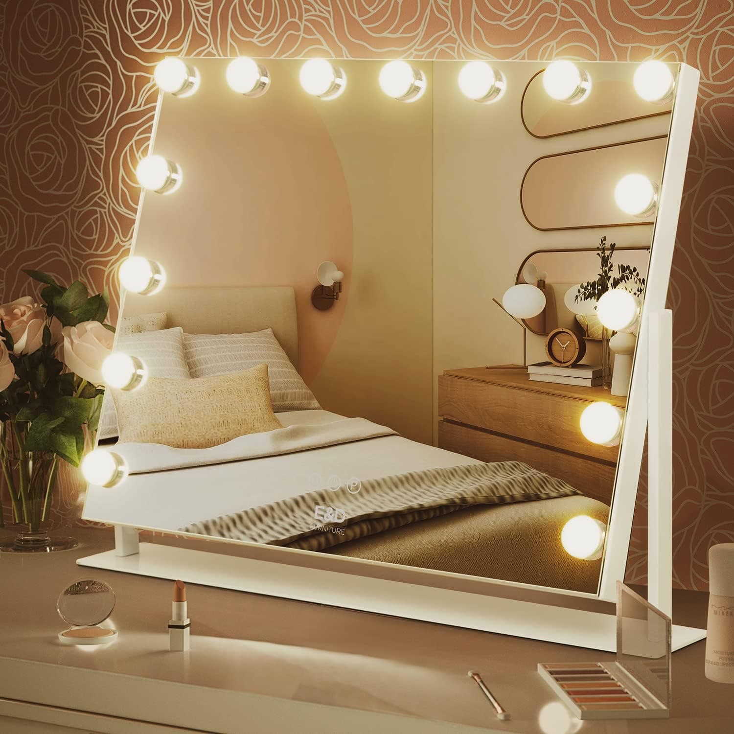 E&D FURNITURE Large Vanity Mirror with Lights, Lighted Vanity Mirror Hollywood Mirror with 15 LED Bulbs Makeup Mirror with Lights 360°Rotating Light Up Smart Makeup Mirror