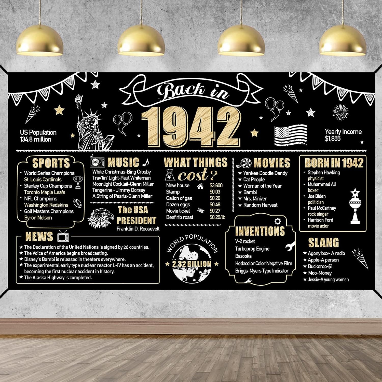 Large 81st Birthday Banner Backdrop Decorations for Men Women, Back in 1942 Happy 81 Theme Birthday Sign Party Supplies, Black Gold 81 Year Old Bday Photo Background Decor for Outdoor Indoor