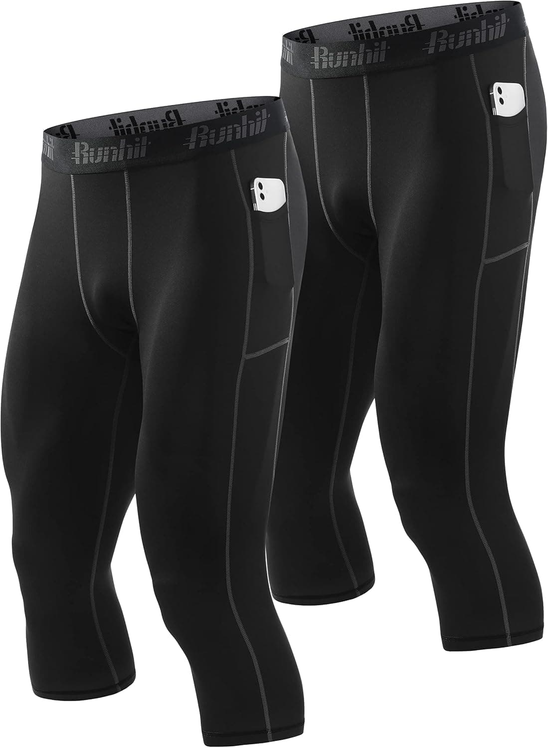Runhit 3/4 Compression Pants Men with Pockets Running Workout Pants Athletic Shorts Tights for Men Leggings(2 Pack)