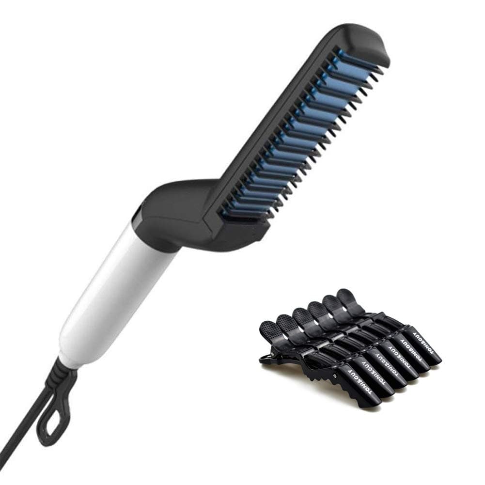 Dual-use Electric Hair Comb for Men Quick Hair Styler Beard Straightener Comb, Multifunctional Hair Comb Curling Curler Show Cap Men with 6 Alligator Hair Clips