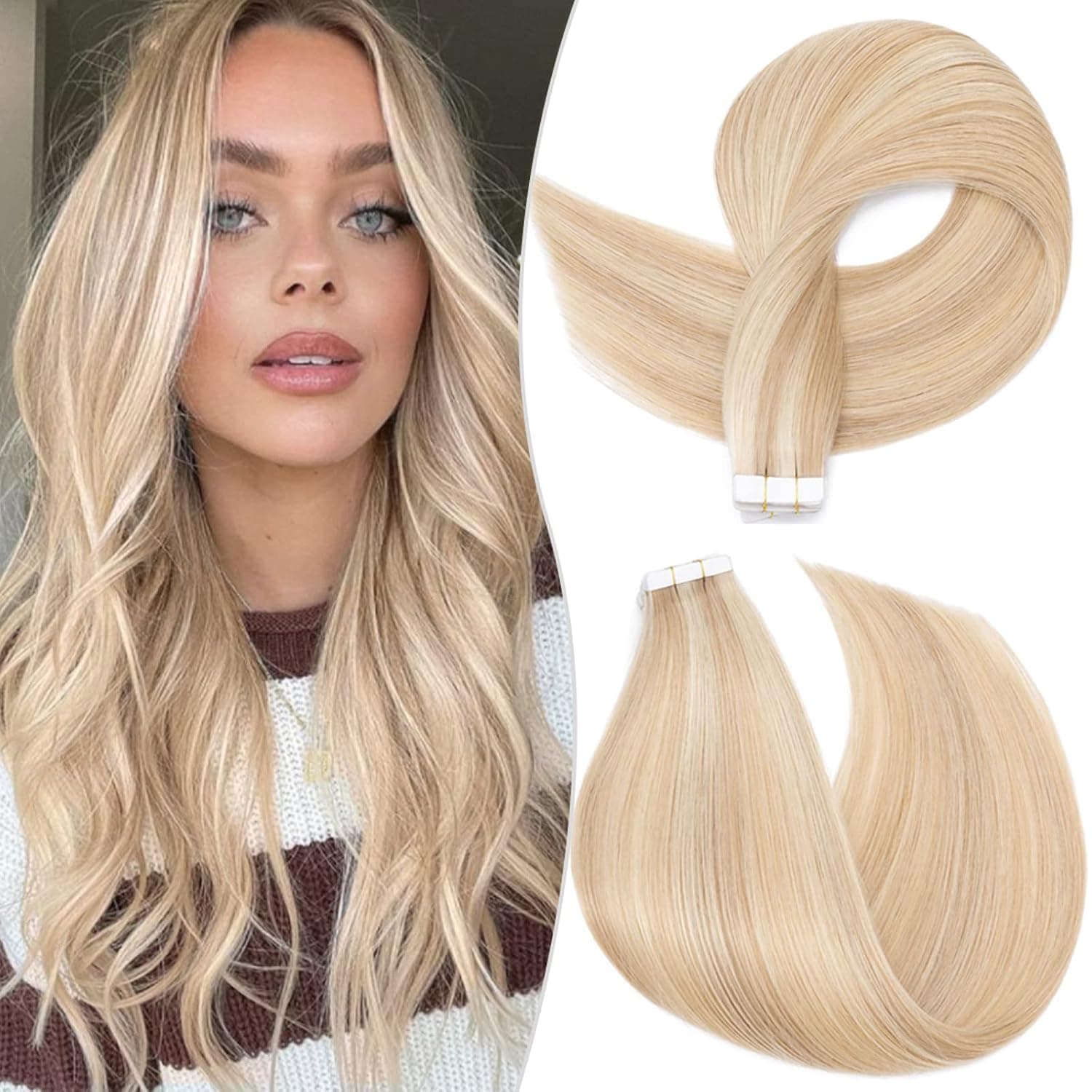 S-noilite Balayage Tape in Remy Human Hair Extension for Women Tape in Human Hair Seamless Skin Weft Invisible Double Side Tape Straight 40Pcs/100g (20 Inch #18/613 Ash Blonde/Bleach Blonde)