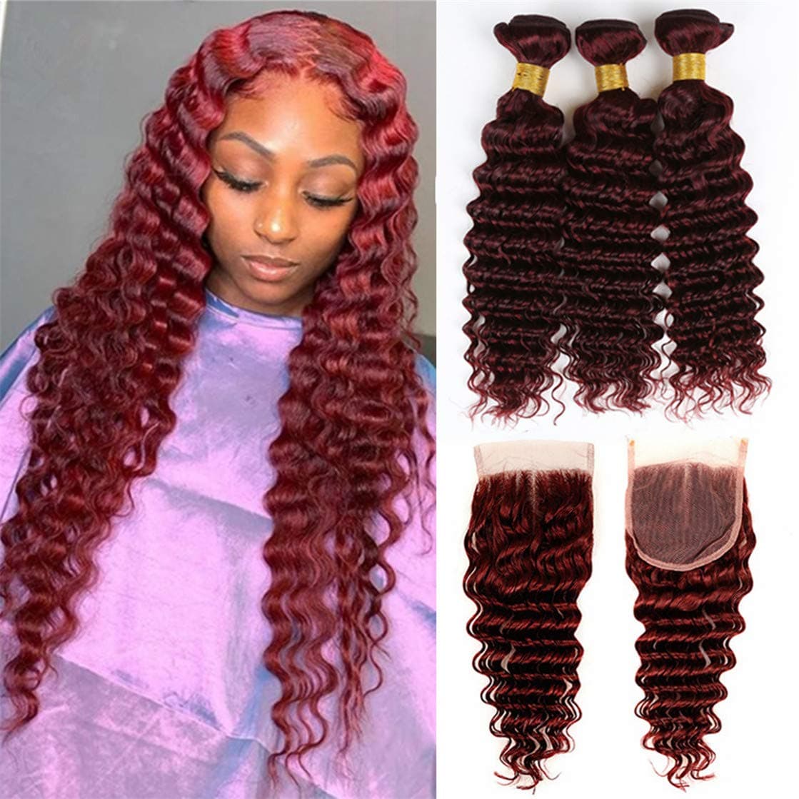 99J Burgundy Deep Curly Hair Bundles with 4x4 Lace Closure Deep Wave Wine Red Brazilian Human Hair Weft Virgin Human Hair Weaves Brand: Laurianda Hair (20 22 24 with 20C)
