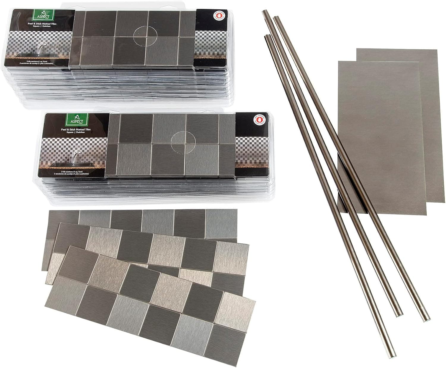 Aspect Peel and Stick Backsplash Square Stainless Matted Metal Tile Approx 15 Sq Ft Kit for Kitchen and Bathrooms