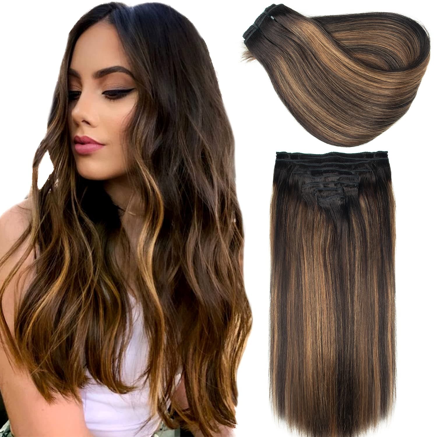 Hair Extensions Real Human Hair Balayage Natural Black Mixed Chestnut Brown Ombre Hair Extensions Clip Ins Invisible Clip on Hair Extensions Straight 120g 8pcs(14 inch, 1B/6/1B)