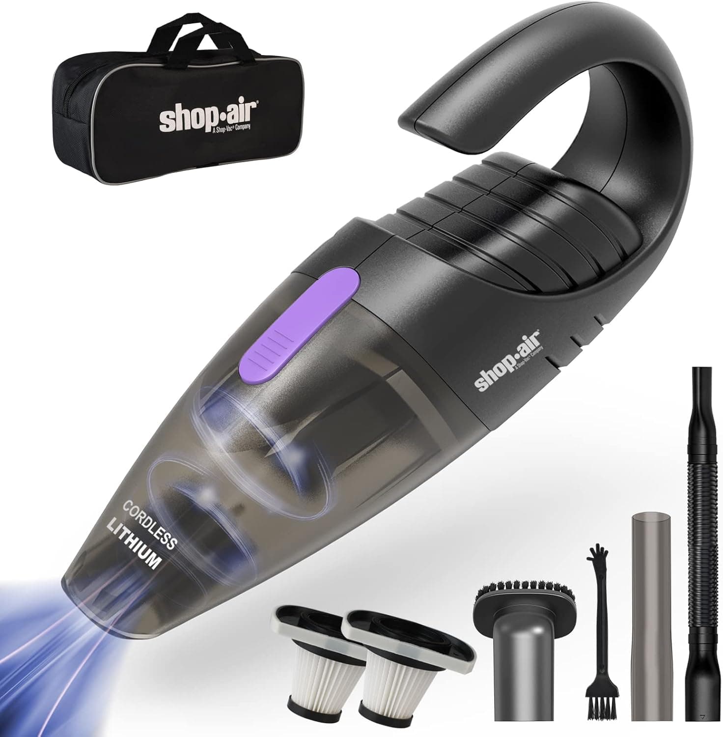 SHOP·AIR Car Vacuum Cordless, Rechargeable Handheld Mini Portable Vacuum Cleaner with Attachments, Filters and Storage Bag, Suitable for Car, Home (Purple Button)