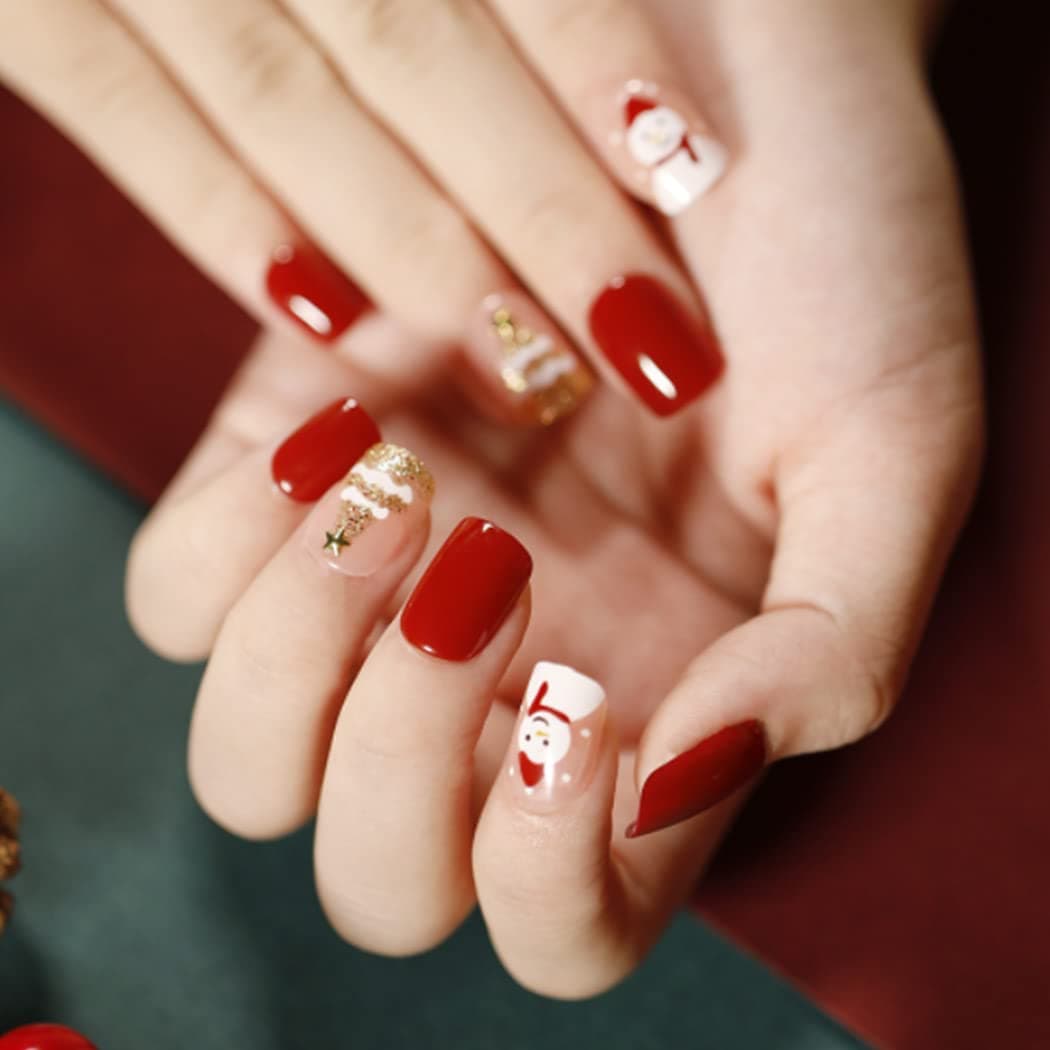 Aksod Christmas Red Fake Nails Glossy Short Square Press on Nails Cute Santa Snowman Xmas Full Cover Artificial False Nails Tips for Women and Girls 24Pcs (Style E)