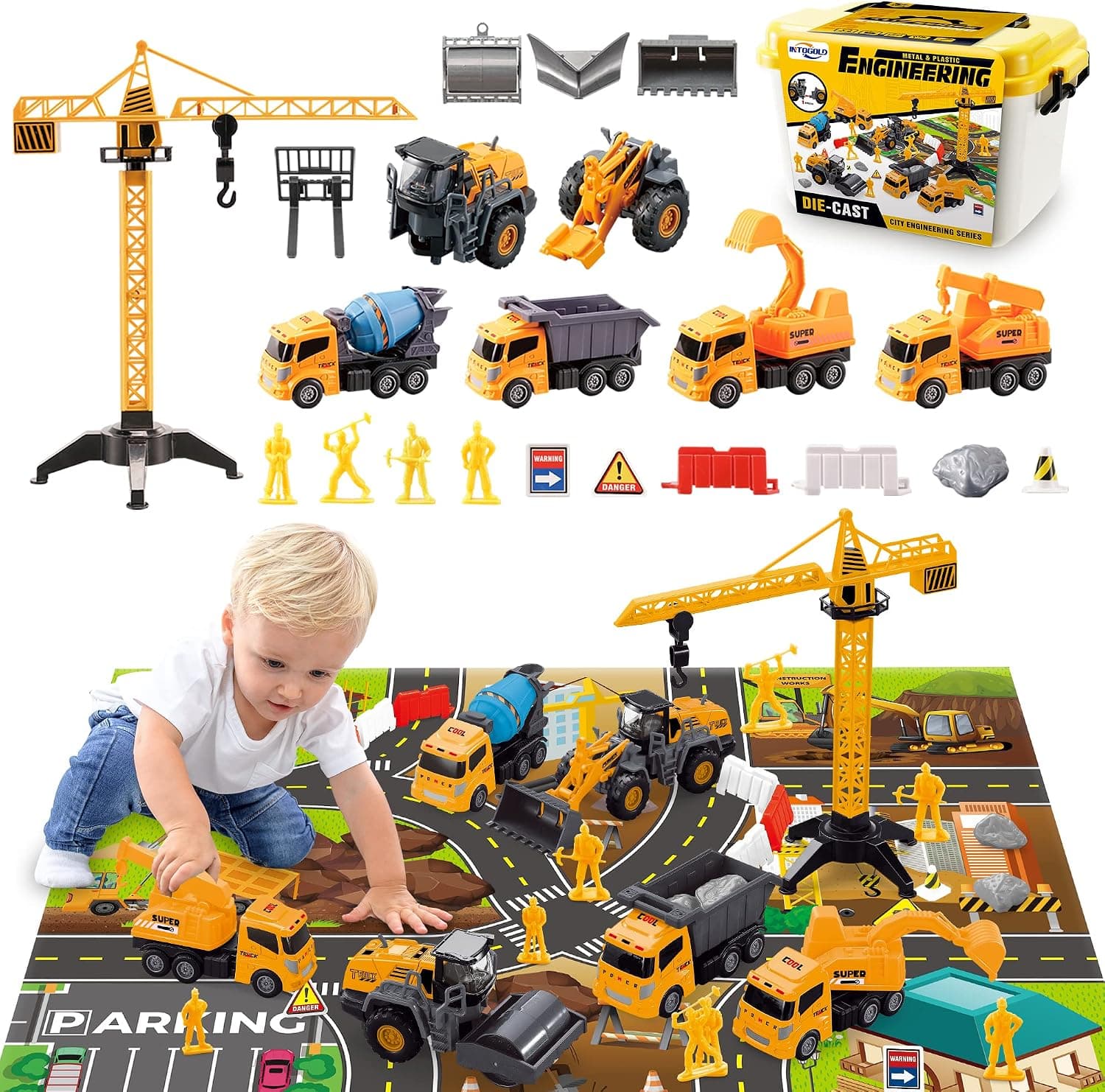 35pcs Construction Truck Toys for 3 4 5 Year Old Boys,Excavator Toy Playset with Play Mat and 6 Trucks，Birthday Gift ,Toddler Kids Toys Car for Boys Toys Age 4-5