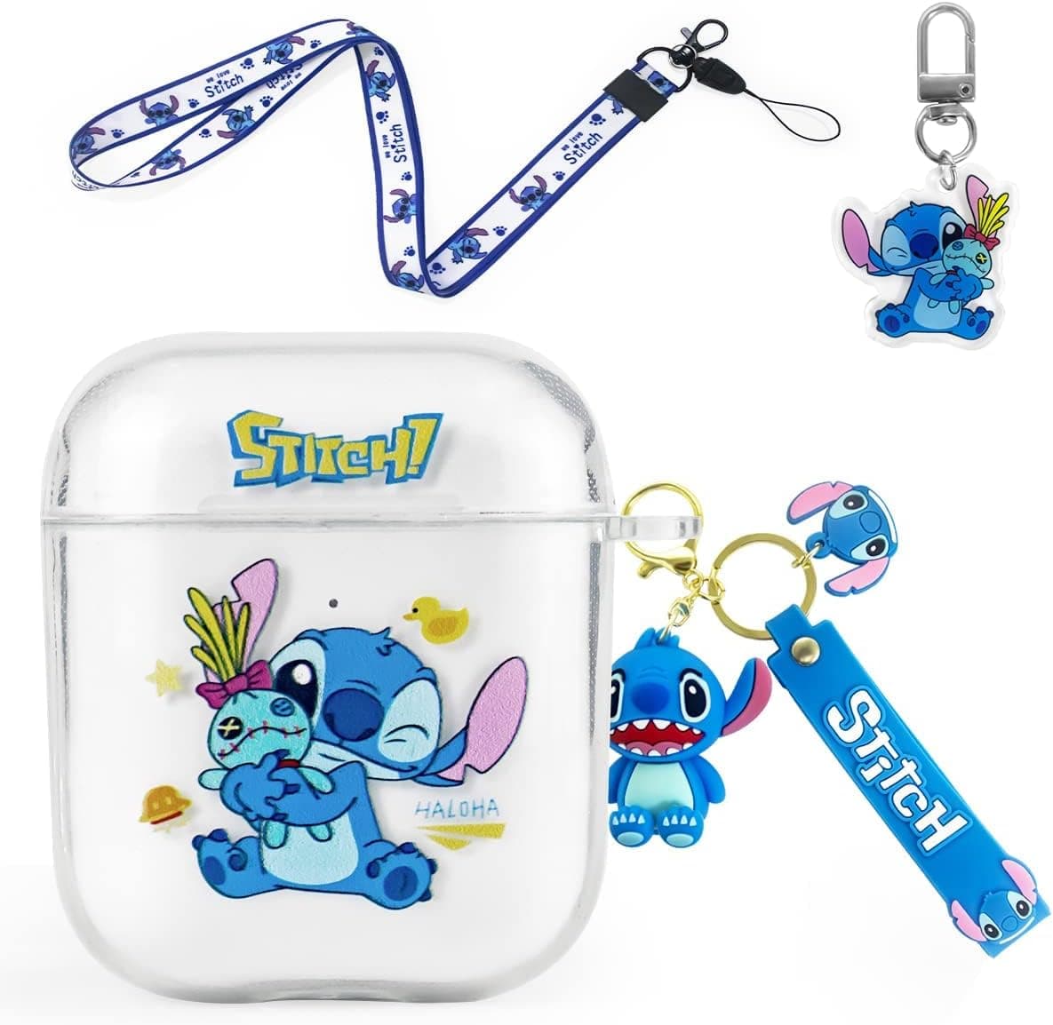 WOOPIT Stitch Airpods Case for Airpods 1/2 Generation with Cute Lanyard Keychain, Funny Cool Cartoon Airpod Cover,Clear Shockproof Soft Silicone Protective Skin for Women Girls Boys