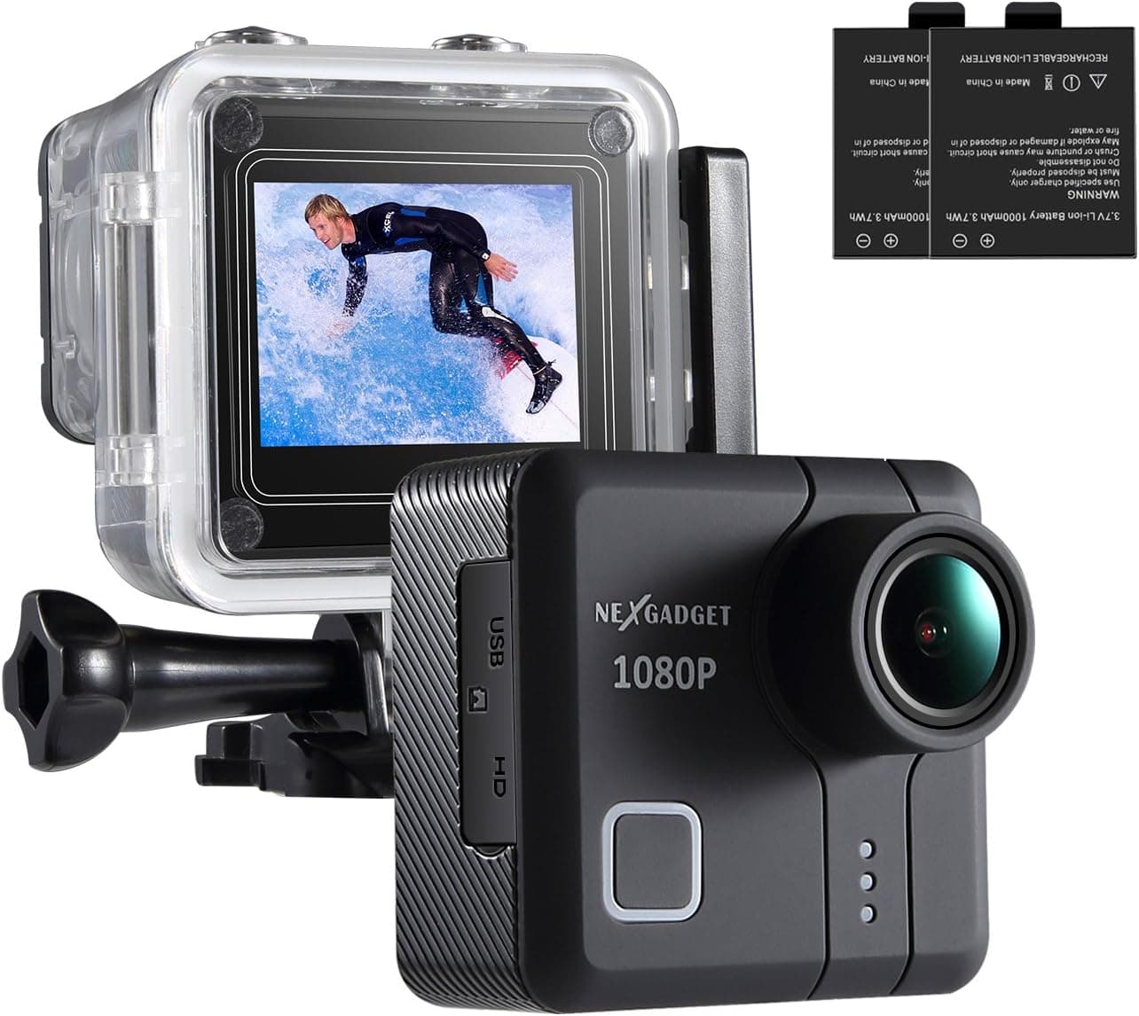 NEXGAGDET Action Cam 14MP 1080P Waterproof Sports Camera 170 Degree Ultra Wide-Angle Lens, 2 Pcs Rechargeable Batteries