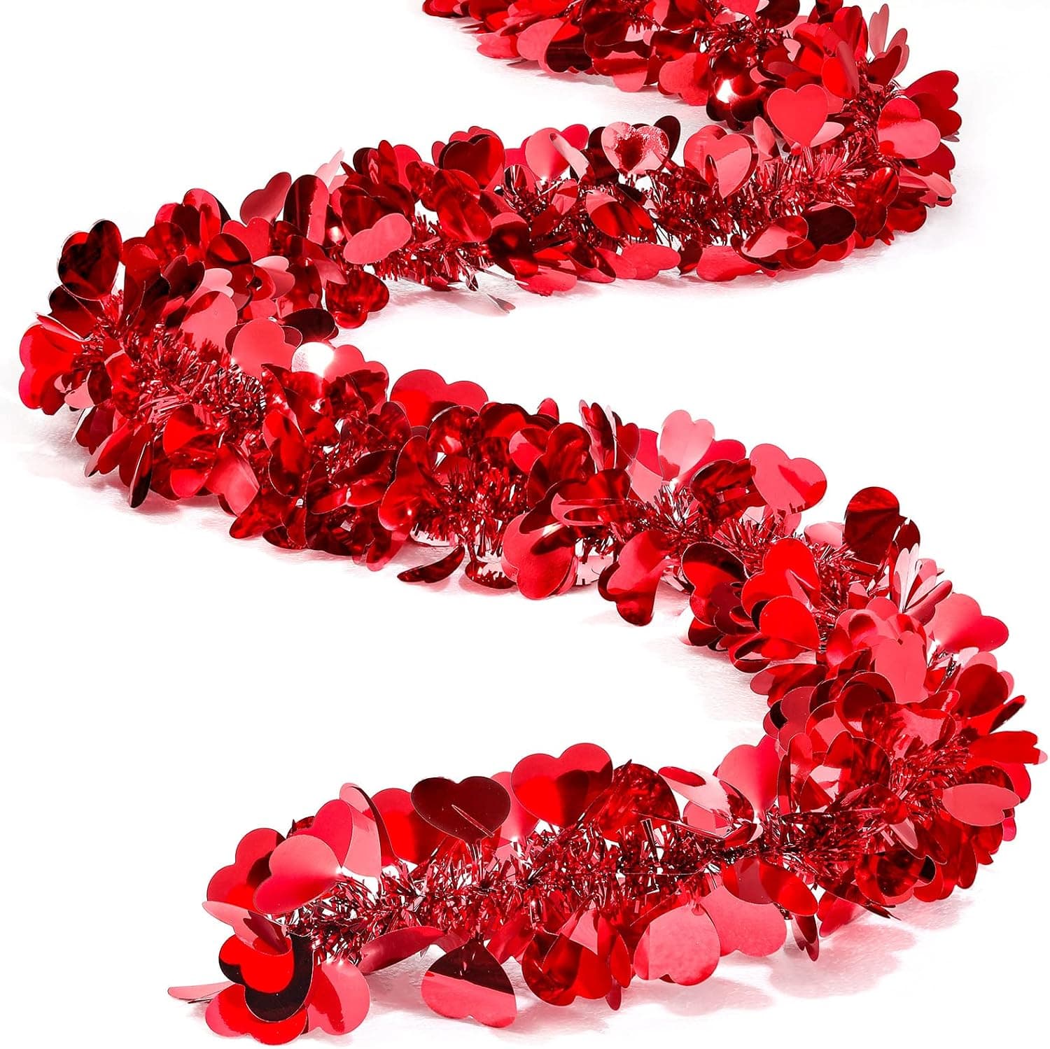 Valentines Shiny Heart Tinsel Garland 6.56 Feet Each Metallic Tinsel Twist Garland for Christmas Tree Ornaments Wreath Wedding Party Hanging Decoration(Red,4 Pieces)